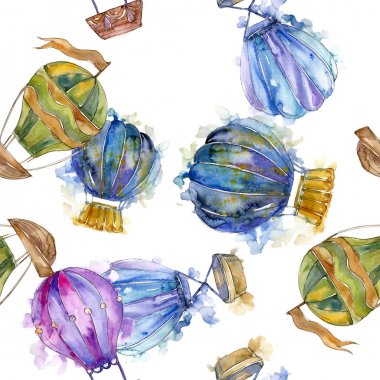 Sıcak hava balon arka plan fly hava taşımacılığı. Suluboya arka plan ayarlamak. Sorunsuz arka plan deseni.