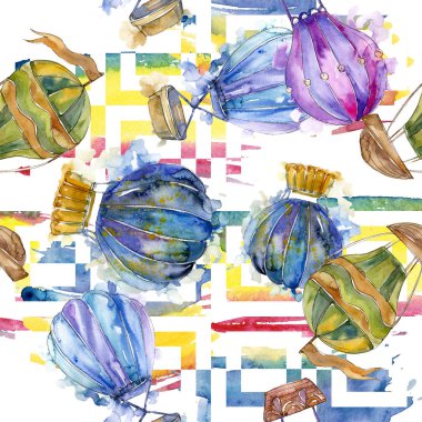 Sıcak hava balon arka plan fly hava taşımacılığı. Suluboya arka plan ayarlamak. Sorunsuz arka plan deseni.