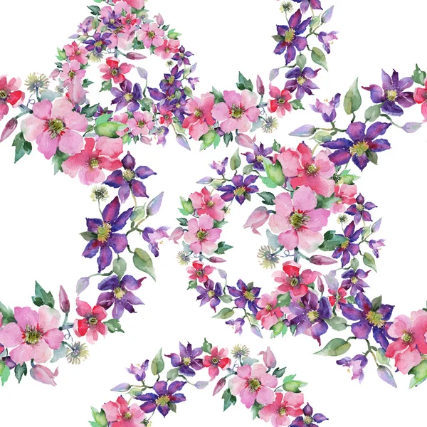 铁线莲花束花卉植物花卉。水彩背景插图集。无缝的背景模式. — 图库照片