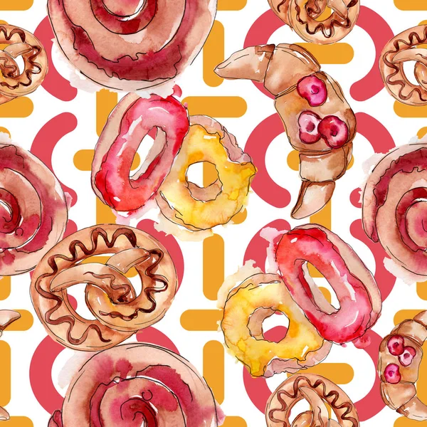Tasty buns in a watercolor style food. Watercolour illustration set. Seamless background pattern. — Stock Photo, Image