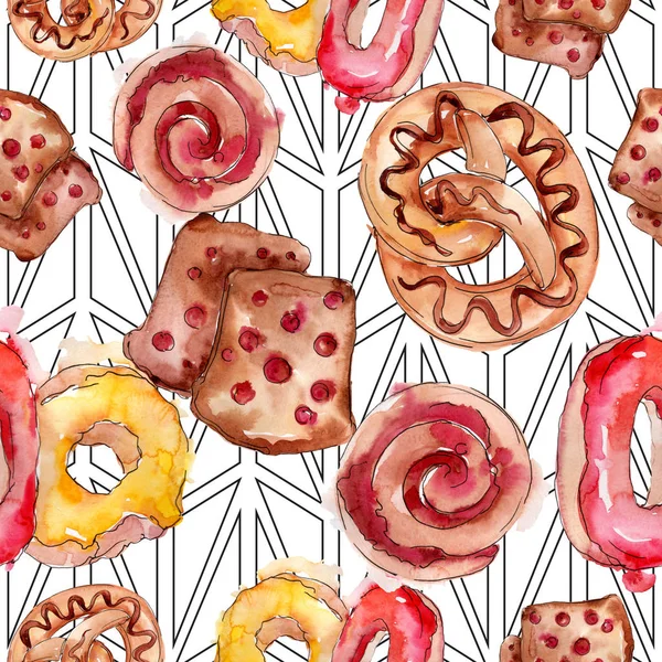 Tasty buns in a watercolor style food. Watercolour illustration set. Seamless background pattern. — Stock Photo, Image