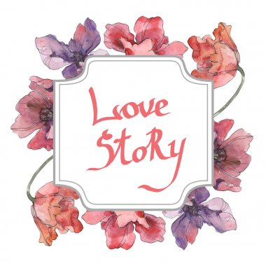 Kırmızı ve mor haşhaş çiçek botanik çiçekler. Suluboya arka plan illüstrasyon seti. Çerçeve kenarlık süs karesi.