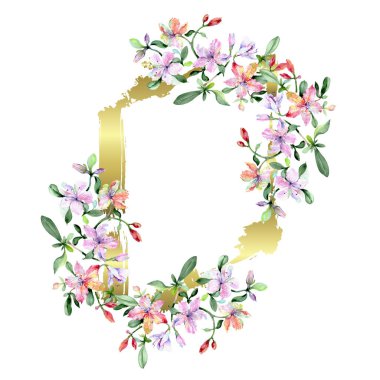 Menekşe alstroemeria buketi botanik çiçekler. Suluboya arka plan illüstrasyon seti. Çerçeve kenarlık süs karesi.