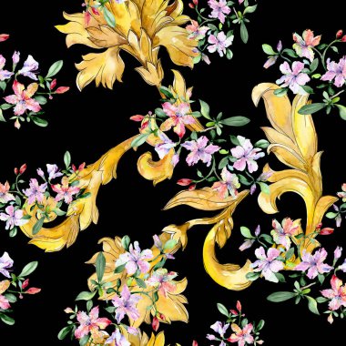 Menekşe alstroemeria buket çiçek botanik çiçekler. Suluboya illüstrasyon seti. Kesintisiz arka plan deseni.