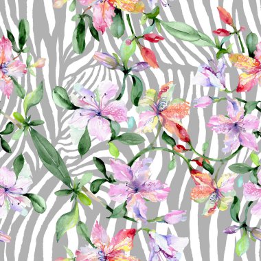 Menekşe alstroemeria buket çiçek botanik çiçekler. Suluboya illüstrasyon seti. Kesintisiz arka plan deseni.