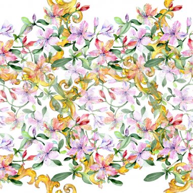 Menekşe alstroemeria buket çiçek botanik çiçekler. Suluboya illüstrasyon seti. Kesintisiz arka plan deseni.