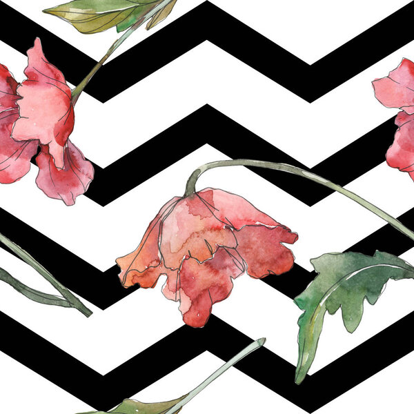 Red poppy floral botanical flowers. Watercolor background illustration set. Seamless background pattern.