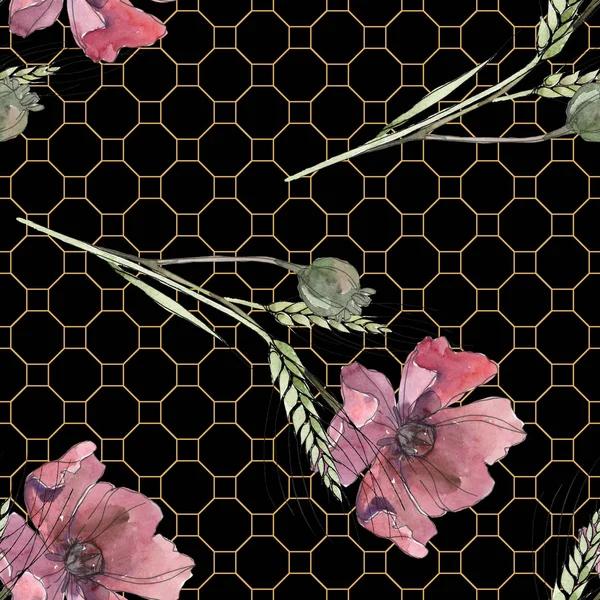 Czerwone i fioletowe kwiaty maku kwiatów botanicznych. Akwarela zestaw ilustracji tła. Płynny wzór tła. — Zdjęcie stockowe