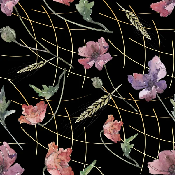 赤と紫のケシの花の植物の花。●水彩背景イラストセット。シームレスな背景パターン. — ストック写真