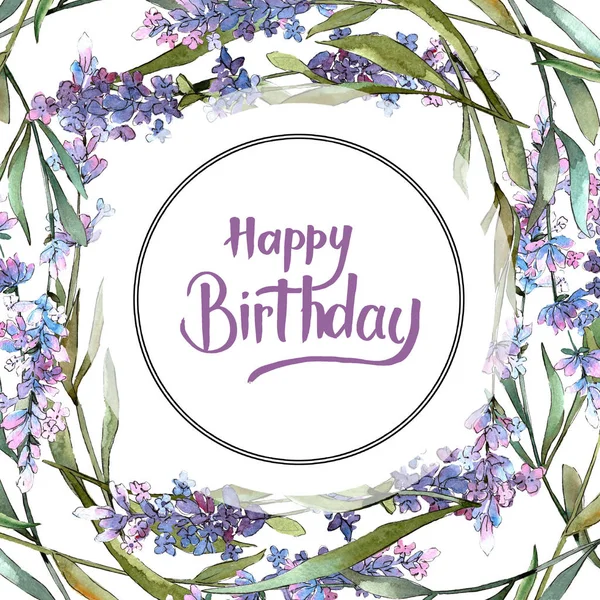 Azul violeta lavanda flores botânicas florais. Conjunto de ilustração de fundo aquarela. Quadro borda ornamento quadrado . — Fotografia de Stock