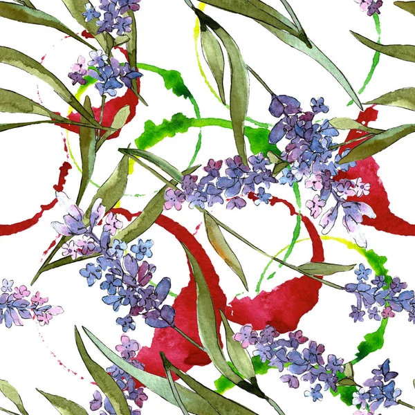 Fiori botanici floreali di lavanda viola blu. Acquerello sfondo illustrazione set. Modello di sfondo senza soluzione di continuità . — Foto Stock