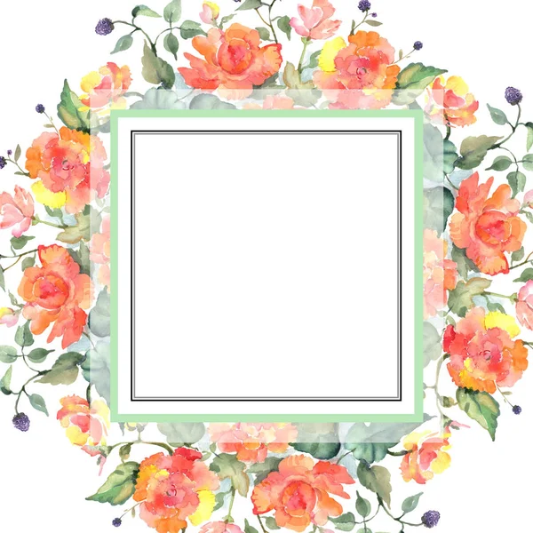 Laranja rosa buquê flores botânicas florais. Conjunto de ilustração de fundo aquarela. Quadro borda ornamento quadrado . — Fotografia de Stock