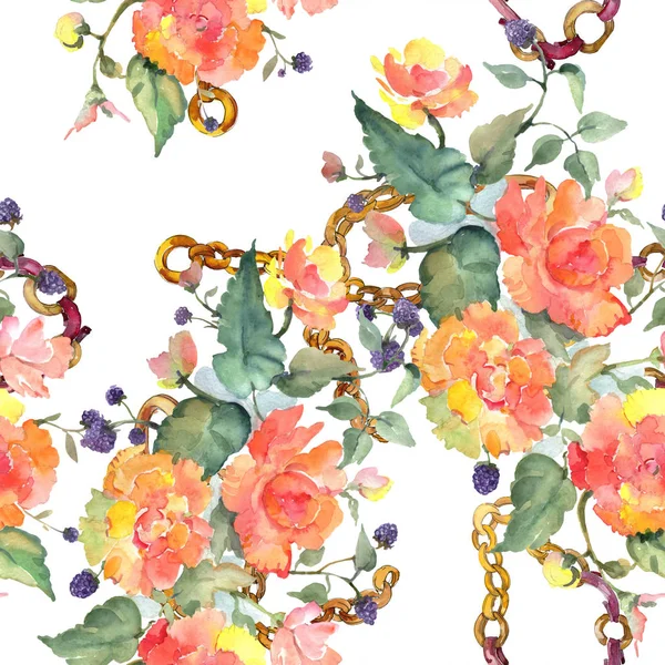 Orange rose bouquet floral botanical flowers. Watercolor background illustration set. Seamless background pattern. — Stock Photo, Image