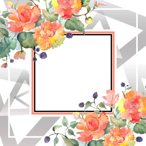 オレンジローズ花束花植物の花。●水彩背景イラストセット。フレームボーダーオーナメント正方形. — ストック写真