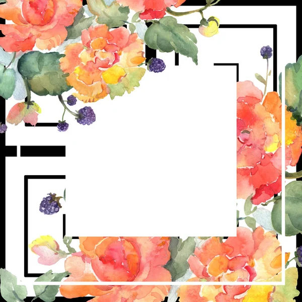 Orangefarbener Rosenstrauß mit botanischen Blumen. Aquarell Hintergrundillustration Set. Rahmen Rand Ornament Quadrat. — Stockfoto