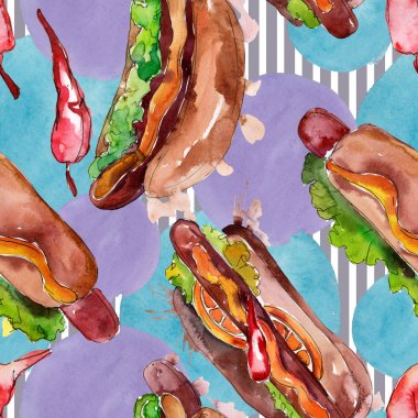 Sosisli fast food lezzetli gıda. Suluboya arka plan illüstrasyon seti. Kesintisiz arka plan deseni.