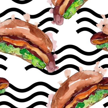 Sosisli fast food lezzetli gıda. Suluboya arka plan illüstrasyon seti. Kesintisiz arka plan deseni.