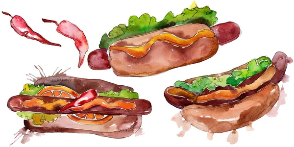Hot dog gyorskaja ízletes étel. Akvarell háttér illusztráció készlet. Izolált gyorskaja-illusztrációs elem. — Stock Fotó