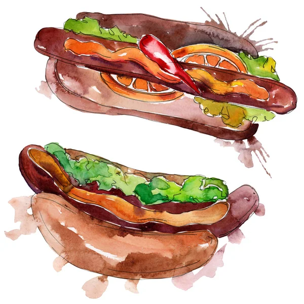 Hot dog fast food tasty food. Watercolor background illustration set. Isolated fast food illustration element.