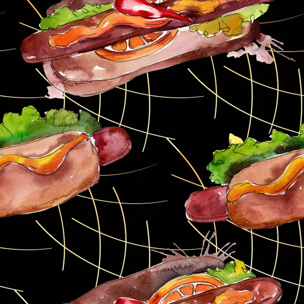 Hot Dog Fast Food leckeres Essen. Aquarell Hintergrundillustration Set. nahtloses Hintergrundmuster. — Stockfoto