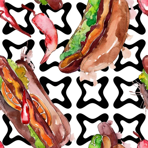 Hot dog comida rápida sabrosa comida. Conjunto de ilustración de fondo acuarela. Patrón de fondo sin costuras . —  Fotos de Stock