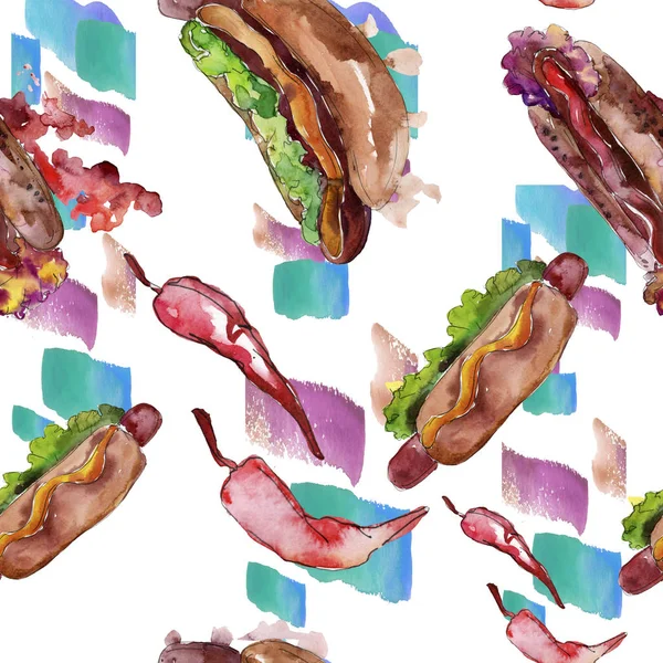 Hot Dog Fast Food leckeres Essen. Aquarell Hintergrundillustration Set. nahtloses Hintergrundmuster. — Stockfoto