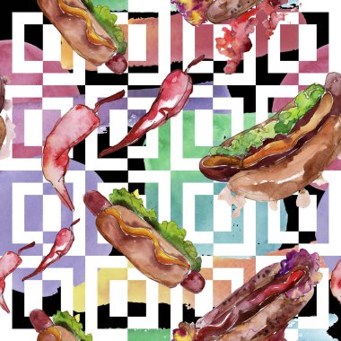 Sosisli fast food lezzetli gıda. Suluboya arka plan illüstrasyon seti. Kesintisiz arka plan deseni.