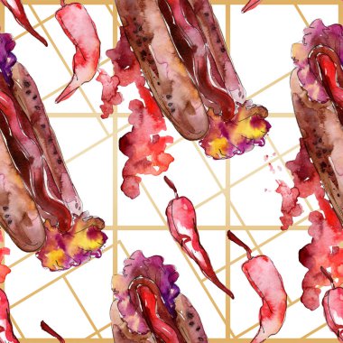 Sosisli fast food lezzetli gıda. Suluboya arka plan illüstrasyon seti. Kesintisiz arka plan deseni.