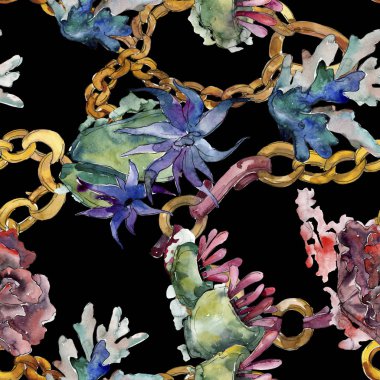 Renkli su sualtı doğa mercan resifi. Suluboya illüstrasyon seti. Kesintisiz arka plan deseni.