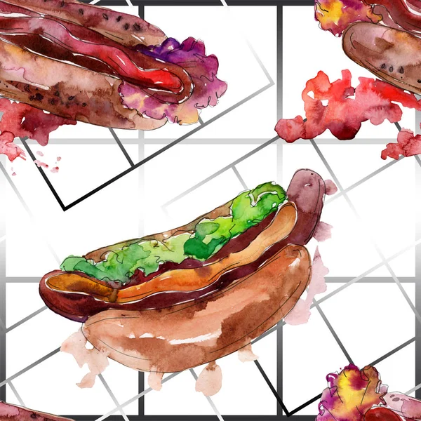 Hot dog comida rápida sabrosa comida. Conjunto de ilustración de fondo acuarela. Patrón de fondo sin costuras . —  Fotos de Stock