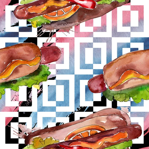 Hot dog comida rápida sabrosa comida. Conjunto de ilustración de fondo acuarela. Patrón de fondo sin costuras . — Foto de Stock