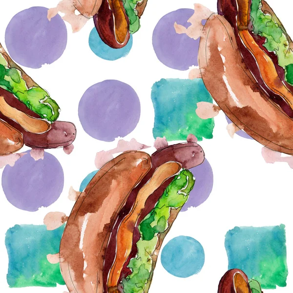 Hot Dog Fast Food leckeres Essen. Aquarell Hintergrundillustration Set. nahtloses Hintergrundmuster. — Stockfoto