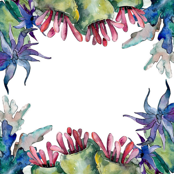 Purple and red aquatic nature coral reef. Watercolor background illustration set. Frame border ornament square.