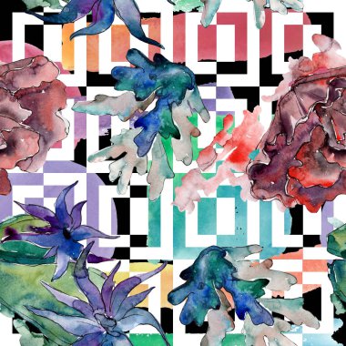 Renkli su sualtı doğa mercan resifi. Suluboya illüstrasyon seti. Kesintisiz arka plan deseni.