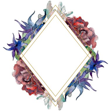 Mor ve kırmızı su doğası mercan resifi. Suluboya arka plan illüstrasyon seti. Çerçeve kenarlık süsleme kare.