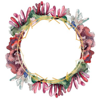 Mor ve kırmızı su doğası mercan resifi. Suluboya arka plan illüstrasyon seti. Çerçeve kenarlık süsleme kare.