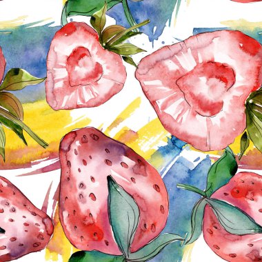 Çilek sağlıklı izole. Suluboya arka plan illüstrasyon seti. Suluboya çizim moda aquarelle izole. Kusursuz arka plan deseni. Kumaş duvar kağıdı baskı doku.