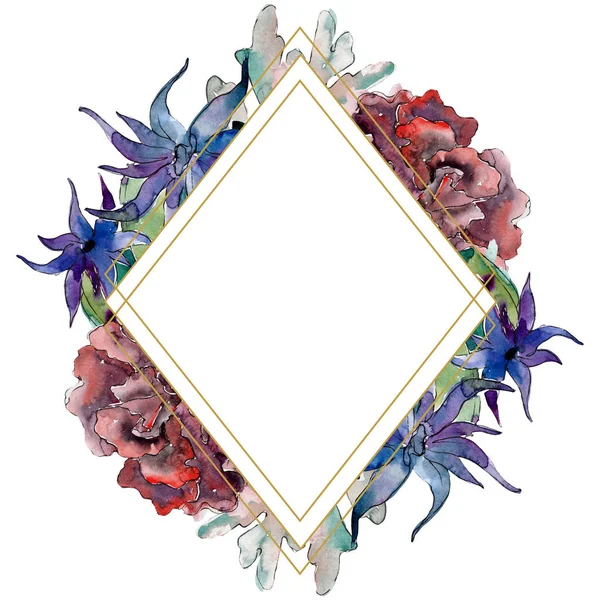 Mor ve kırmızı su doğası mercan resifi. Suluboya arka plan illüstrasyon seti. Çerçeve kenarlık süsleme kare.