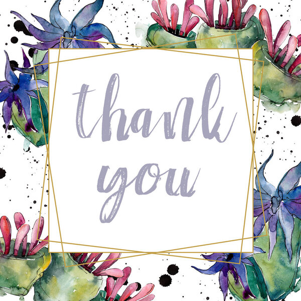 Purple and red aquatic nature coral reef. Watercolor background illustration set. Frame border ornament square.