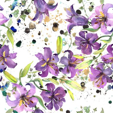 Mor zambak buketi çiçek botanik çiçekler. Suluboya arka plan illüstrasyon seti. Kesintisiz arka plan deseni.