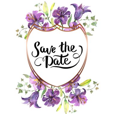 Mor zambak buketi çiçek botanik çiçekler. Suluboya arka plan illüstrasyon seti. Çerçeve kenarlık süs karesi.