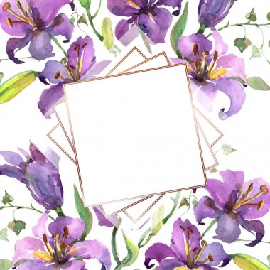 Mor zambak buketi çiçek botanik çiçekler. Suluboya arka plan illüstrasyon seti. Çerçeve kenarlık süs karesi.