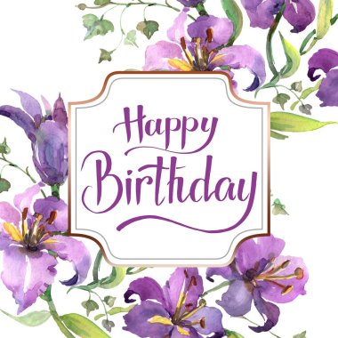 Mor zambak buketi çiçek botanik çiçekler. Suluboya arka plan illüstrasyon seti. Çerçeve kenarlık süs karesi.