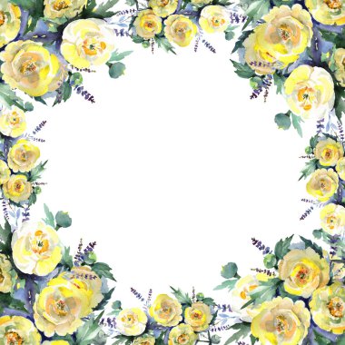 Sarı şakayık buketçiçek botanik çiçekler. Suluboya arka plan illüstrasyon seti. Çerçeve kenarlık süs karesi.