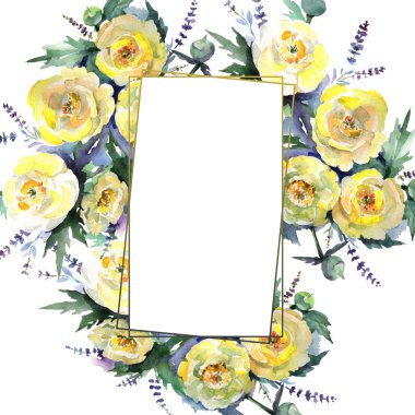 Sarı şakayık buketçiçek botanik çiçekler. Suluboya arka plan illüstrasyon seti. Çerçeve kenarlık süs karesi.