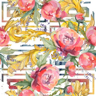 Pembe şakayık buketçiçek botanik çiçekler. Suluboya illüstrasyon seti. Kesintisiz arka plan deseni.