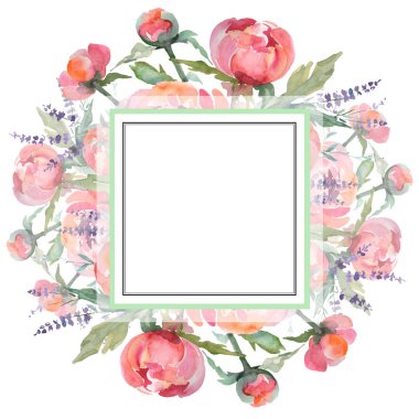 Pembe şakayık buket çiçek botanik çiçekler. Suluboya arka plan illüstrasyon seti. Çerçeve kenarlık süsleme kare.