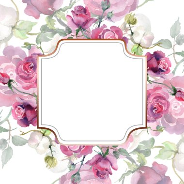 Pembe gül ve pamuk buketi çiçek botanik çiçekleri. Yabani bahar yaprağı kır çiçeği. Suluboya arka plan illüstrasyon seti. Suluboya çizim moda aquarelle. Çerçeve kenarlık süs karesi.