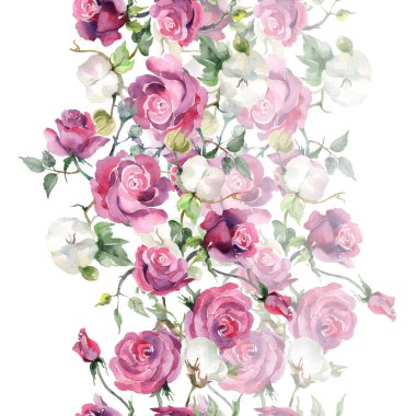 Pembe gül ve pamuk buketi botanik çiçekler. Vahşi bahar yaprağı. Suluboya illüstrasyon seti. Suluboya çizim moda aquarelle. Kusursuz arka plan deseni. Kumaş duvar kağıdı baskı doku.