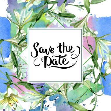 Beyaz zambak çiçek botanik çiçekler. Suluboya arka plan illüstrasyon seti. Çerçeve kenarlık süs karesi.